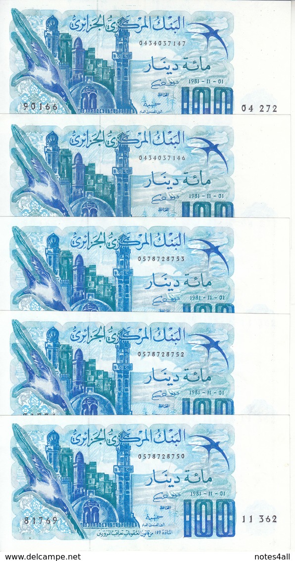 ALGERIA 100  DINAR 1981 P-131 LOT X5 UNC NOTES */* - Algerije