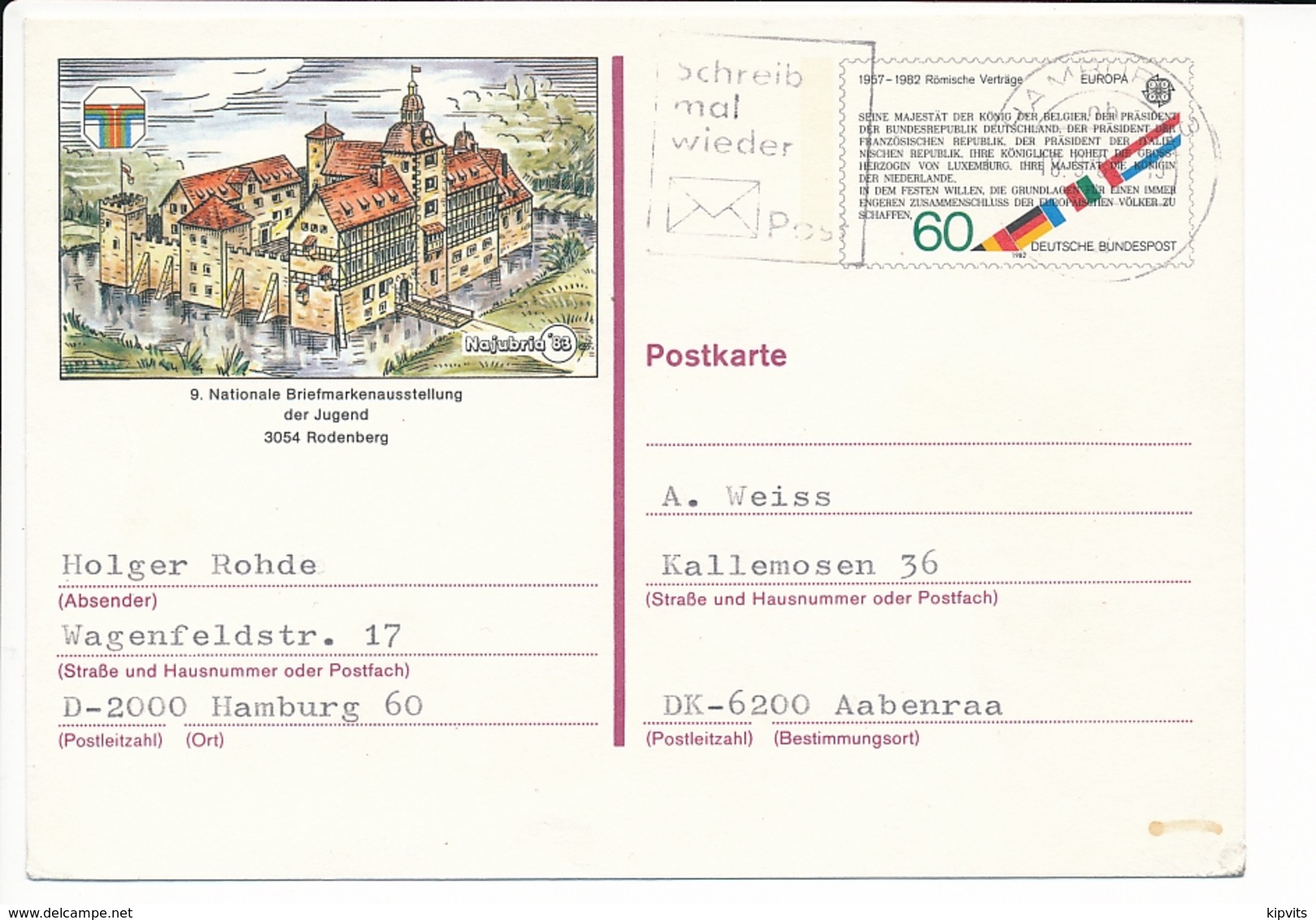 60 Pf. Solo Abroad / Najubria '83 CEPT Europa / 18 September 1983 Hamburg 3 To Denmark - Cartes Postales Privées - Oblitérées