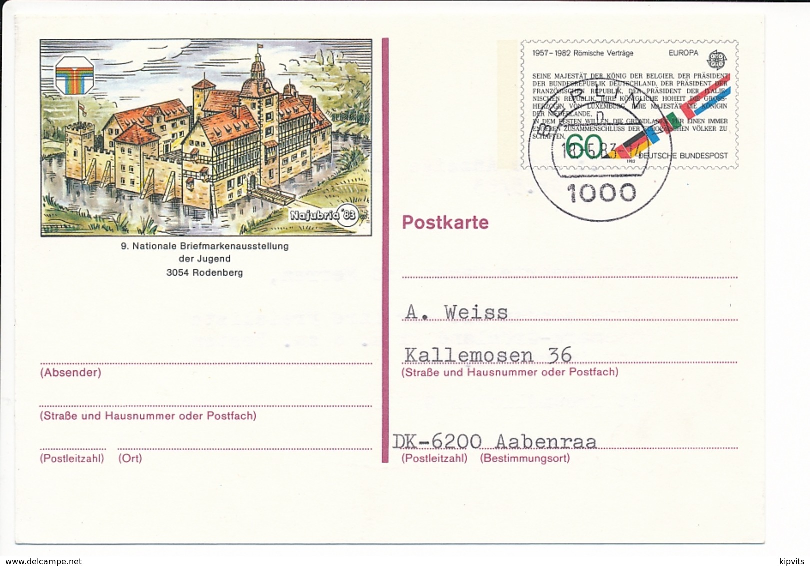 60 Pf. Solo Abroad / Najubria '83 CEPT Europa / 18 May 1983 Berlin 11 To Denmark - Private Postcards - Used