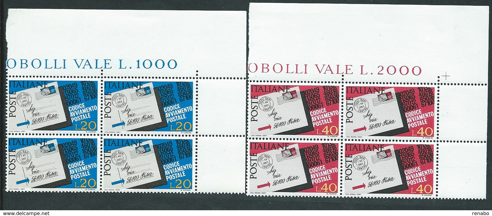 Italia 1967; CAP ; Codice Di Avviamento Postale.Serie Completa In Quartine D' Angolo Superiore. - 1961-70:  Nuovi