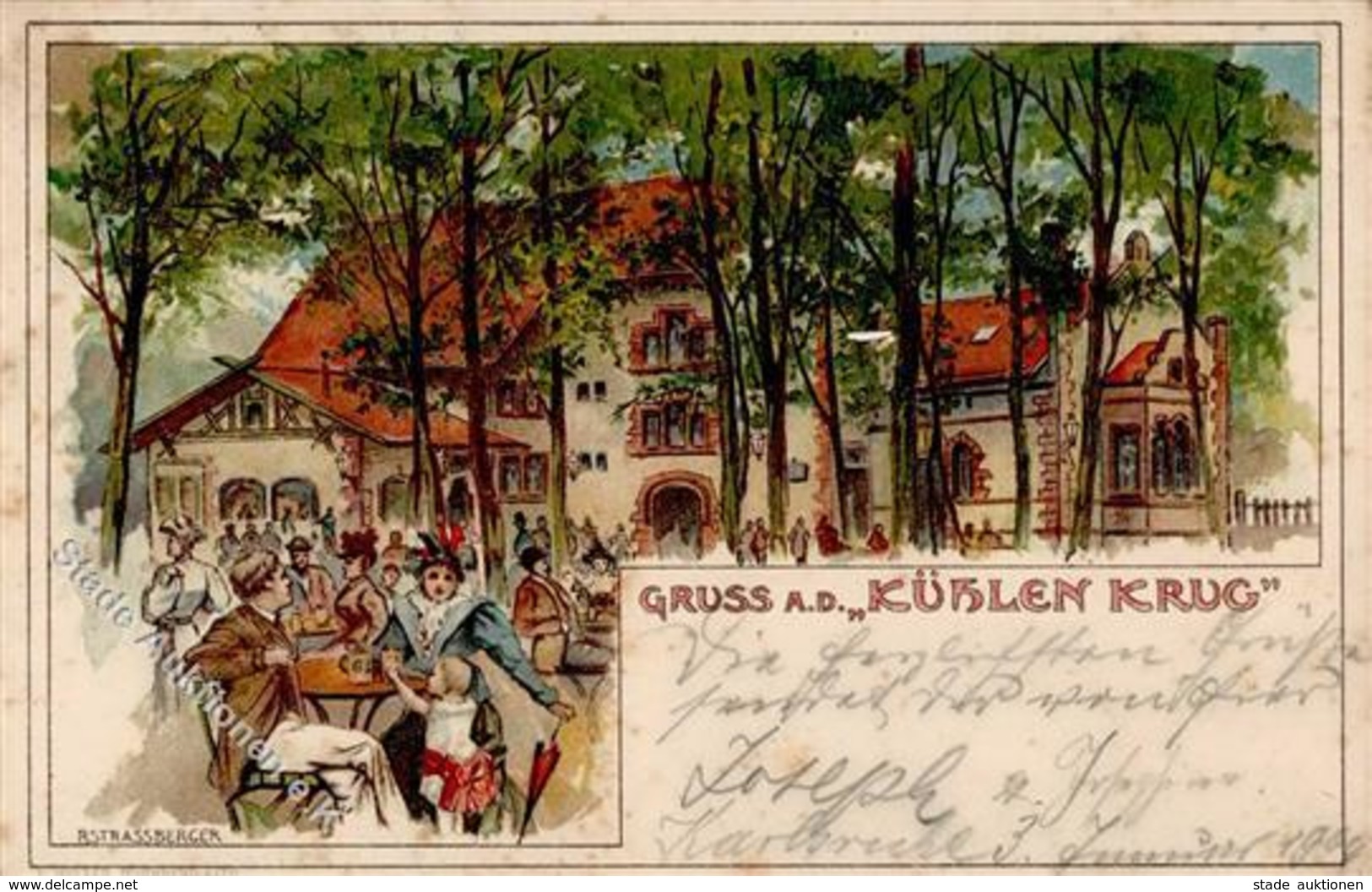 Karlsruhe (7500) Gasthaus Zum Kühlen Krug Sign. Strassberger, R. Ort Lt. Stempel Künstlerkarte 1904 I-II (fleckig) - Cameroon