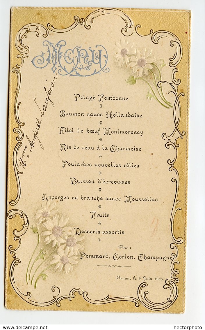 Menu AUTUN 1903 Boeuf Champagne  Ris De Veau Poulardes Asperges - Menus