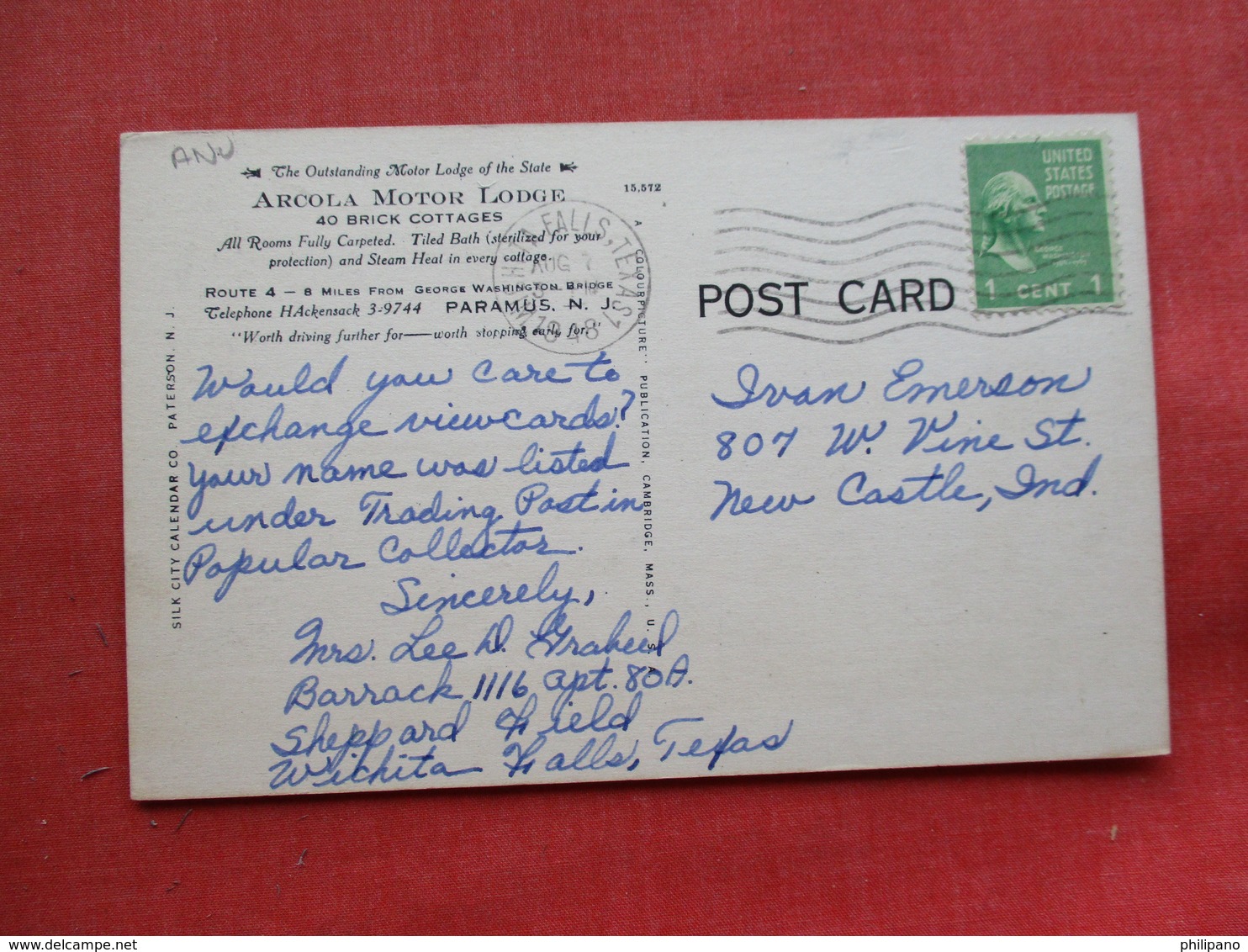 Arcola Motor Lodge 1948 Cancel  Paramus    New Jersey -ref 3299 - Other & Unclassified