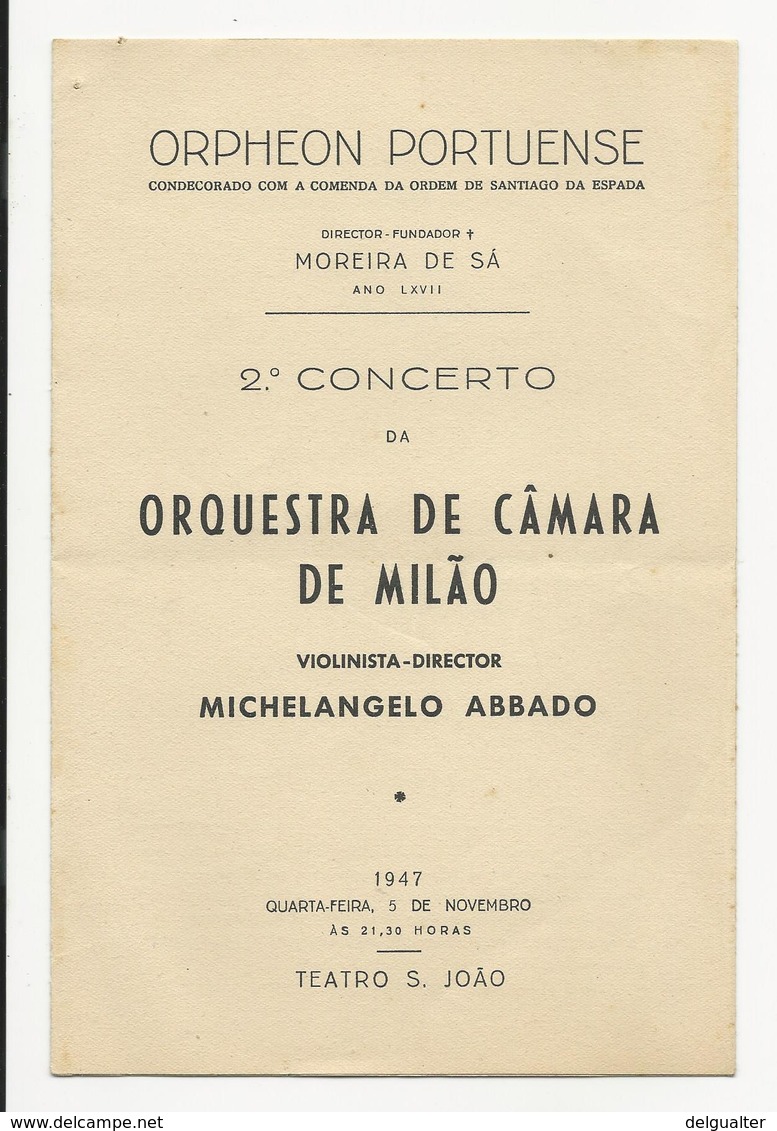 Program - Portugal - Orpheon Portuense - 5 Novembro 1947 - Orquestra De Câmara De Milão - Programas