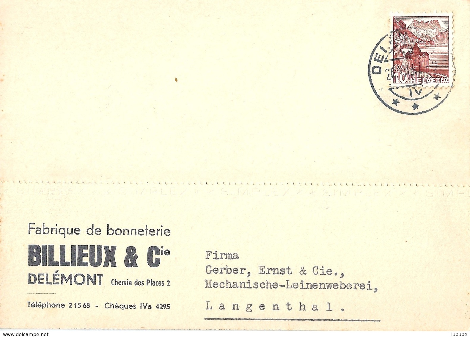 Motiv Karte  "Billieux, Fabrique De Bonneterie, Delémont"          1947 - Storia Postale