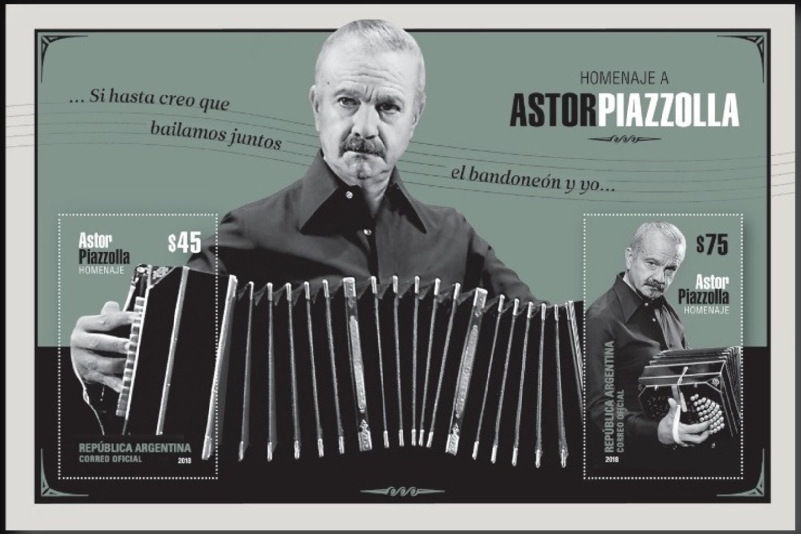 ! ARGENTINE / ARGENTINA: Astor Piazzolla / Music, Tango, Bandoneon / Musique (2018) MNH S/Sheet / *** Bloc Neuf / Block - Hojas Bloque