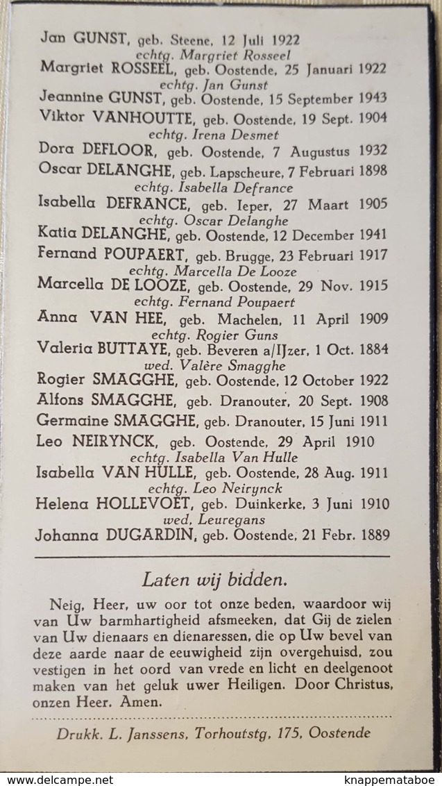 Aandenken 35 Oorlogsslachtoffers Luchtbombardement In 1944-Oostende. - Décès