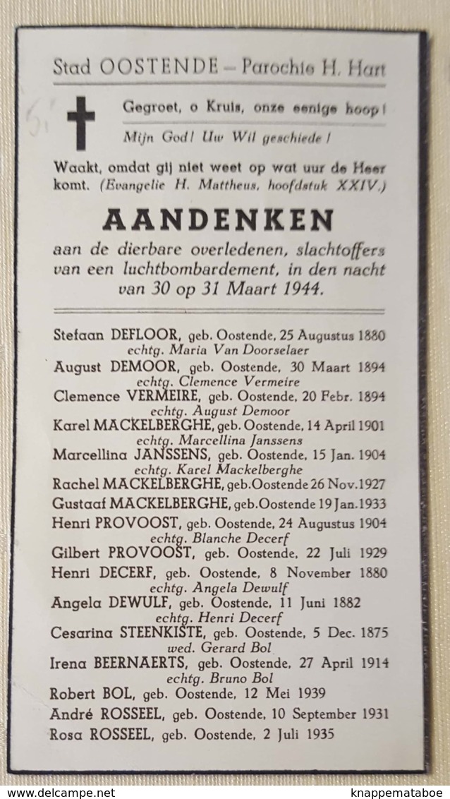 Aandenken 35 Oorlogsslachtoffers Luchtbombardement In 1944-Oostende. - Décès