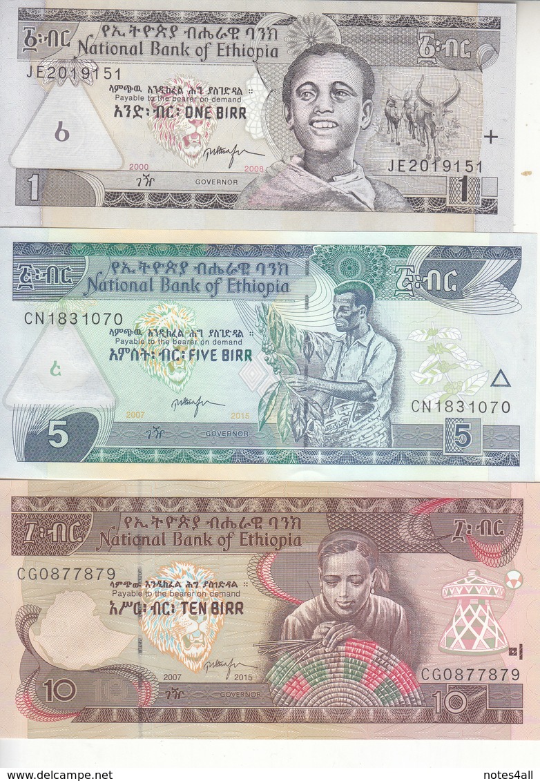 ETHIOPIA 1 5 10 BIRR 2008 2015 P-46 47 48 UNC SET */* - Ethiopia