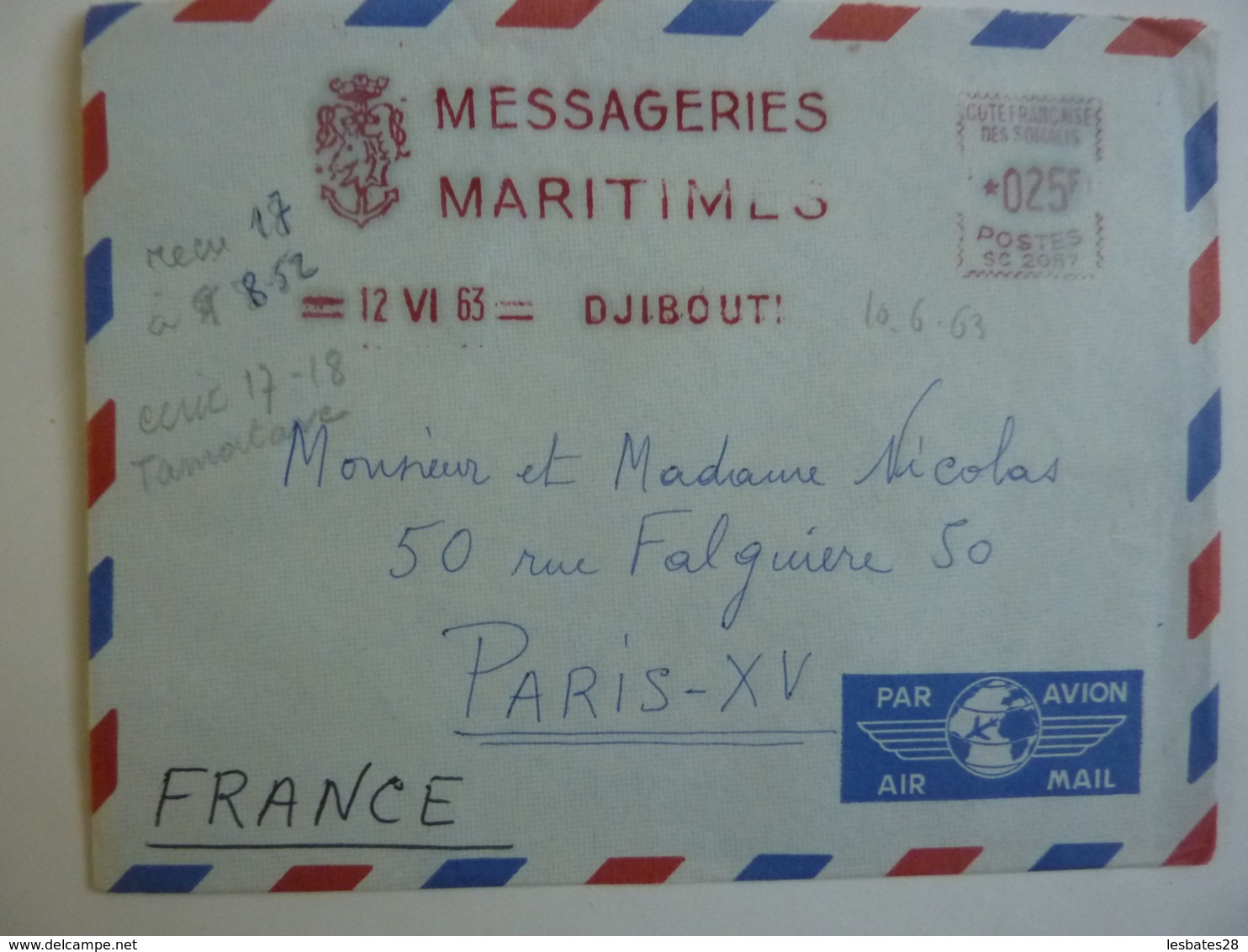 Messageries Maritimes  CARGO "INDUS  " Envoyé   DJIBOUTI 1963 Affranchissement  Machine  Française Des Somalies  Avri - Covers & Documents