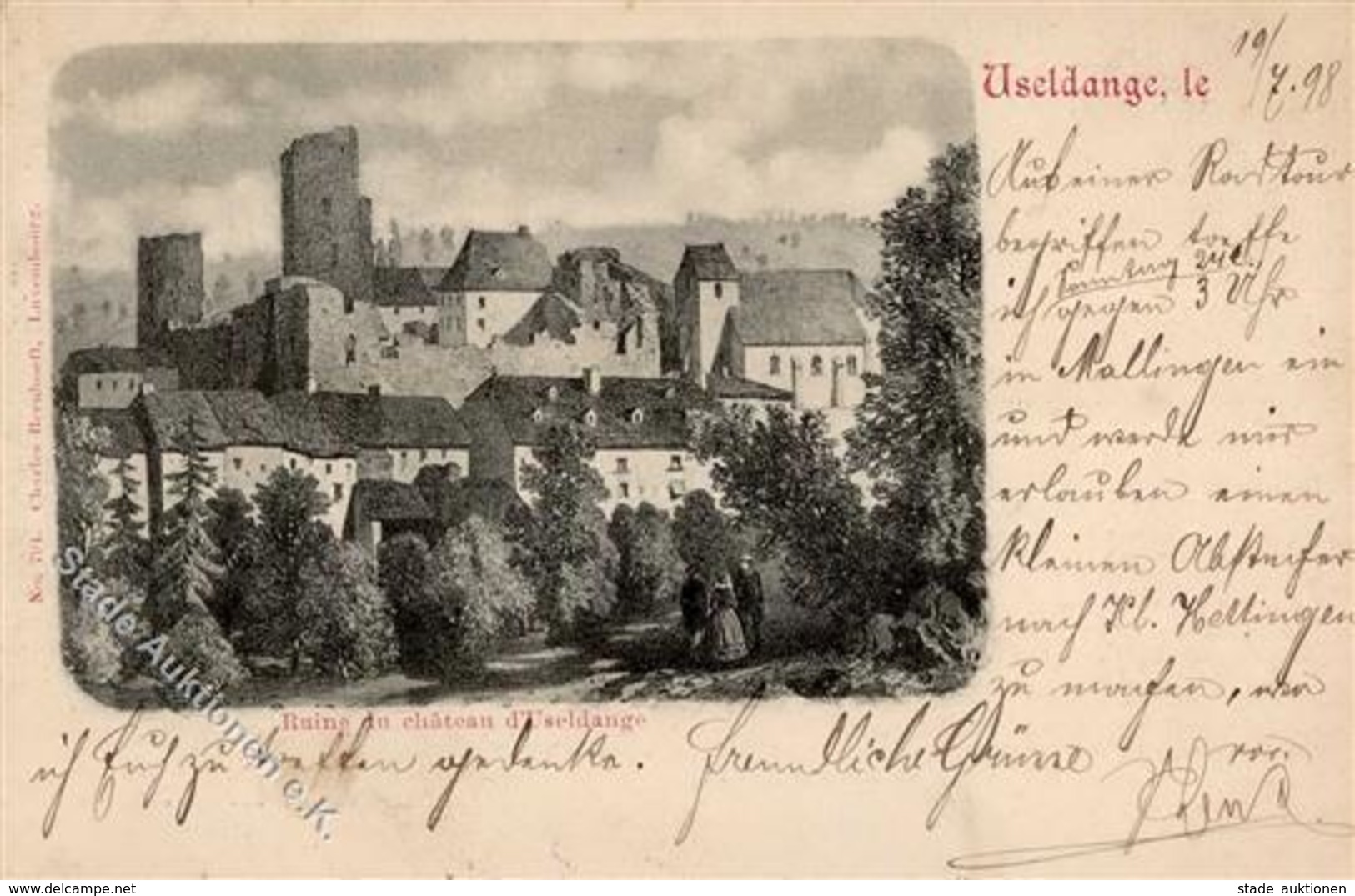 Luxemburg, USELDANGE", Ruine Du Château D'Useldange, 10 C Rot, K2 "ESCH .. 19/7 98", Ak-DB "MALLINGEN 20.7.98" (Lothr.)  - Ohne Zuordnung