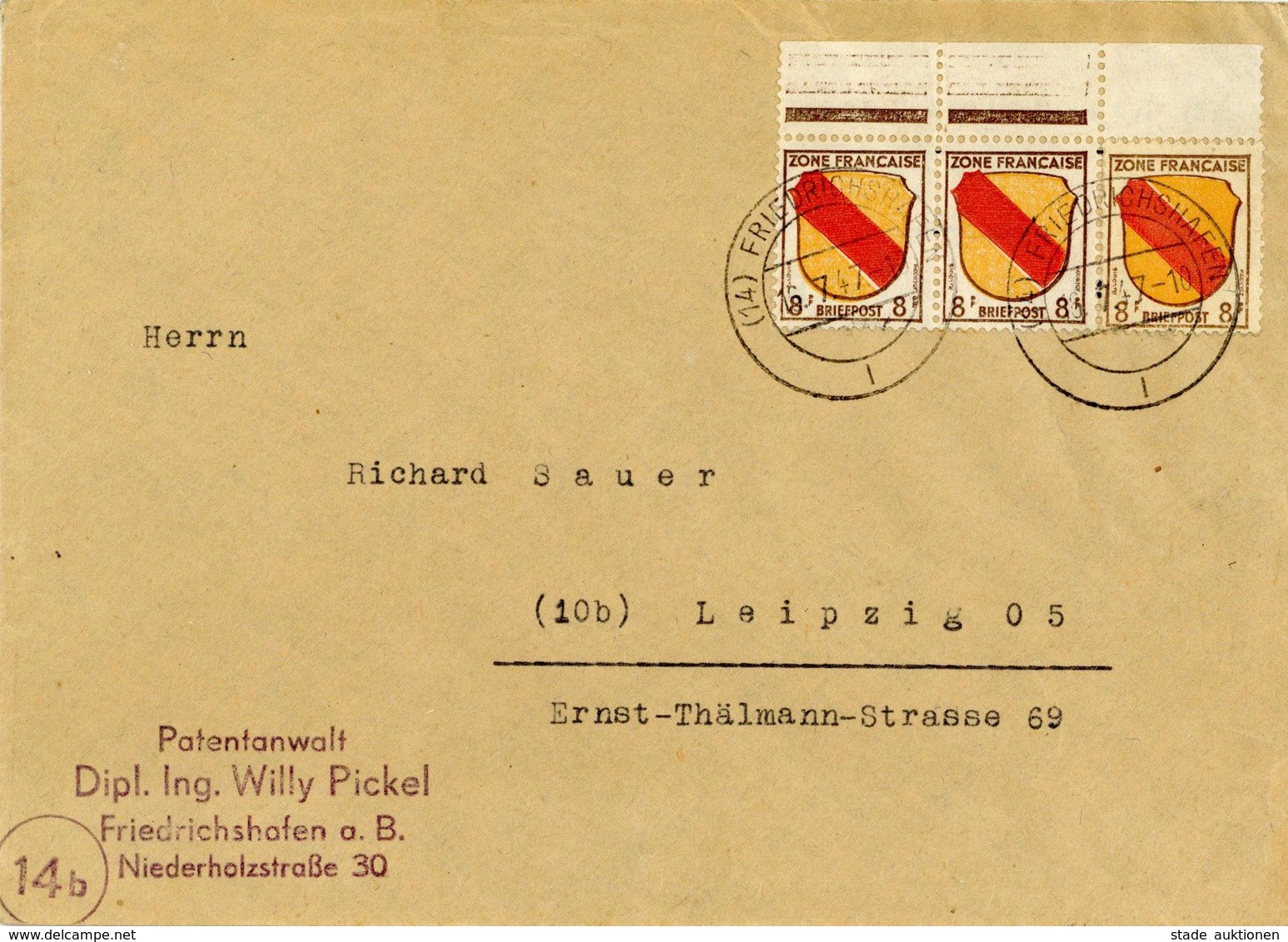 Französische Zone Saarland 1947 Bedarfsbrief Von Friedrichshafen Nach Leipzig Mit Mehrfachfrankatur Der 8 Francs Wappena - Kamerun