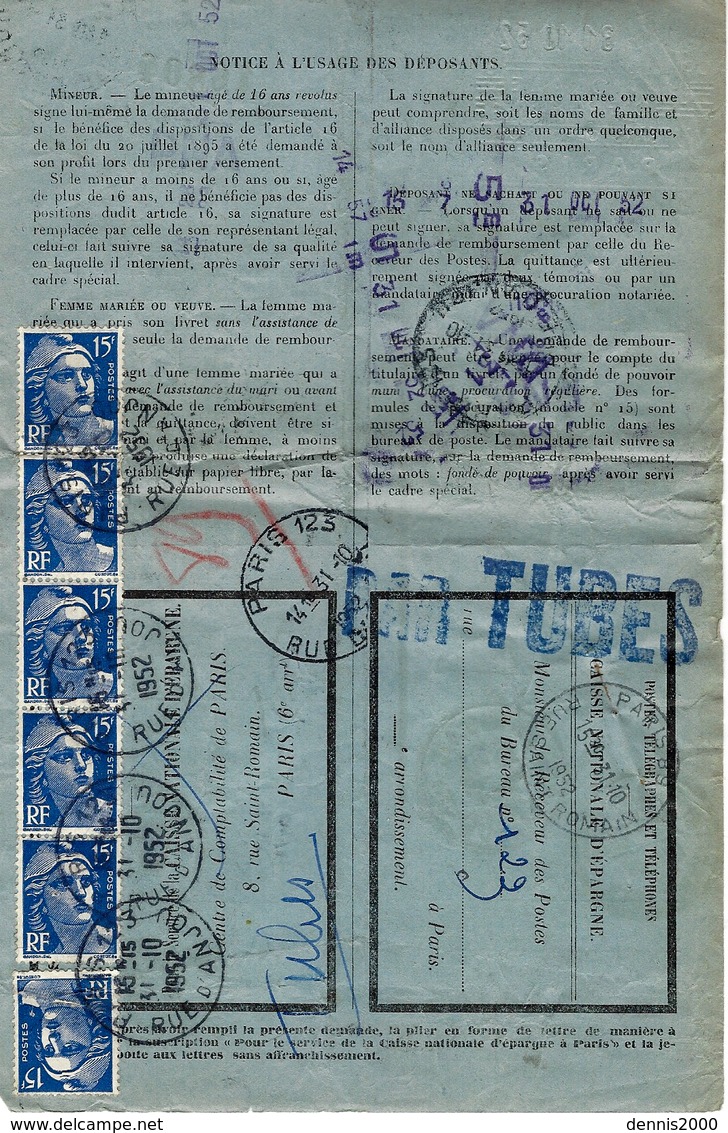 1952- Formulaire N°13 P De La Caisse D'épargne ( Remboursement. Partiel ) Affr. 15 F Gandon + 6 + étiquette N°28 - 1921-1960: Période Moderne