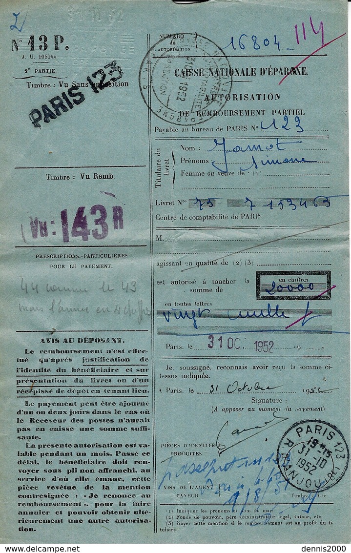 1952- Formulaire N°13 P De La Caisse D'épargne ( Remboursement. Partiel ) Affr. 15 F Gandon + 6 + étiquette N°28 - 1921-1960: Période Moderne