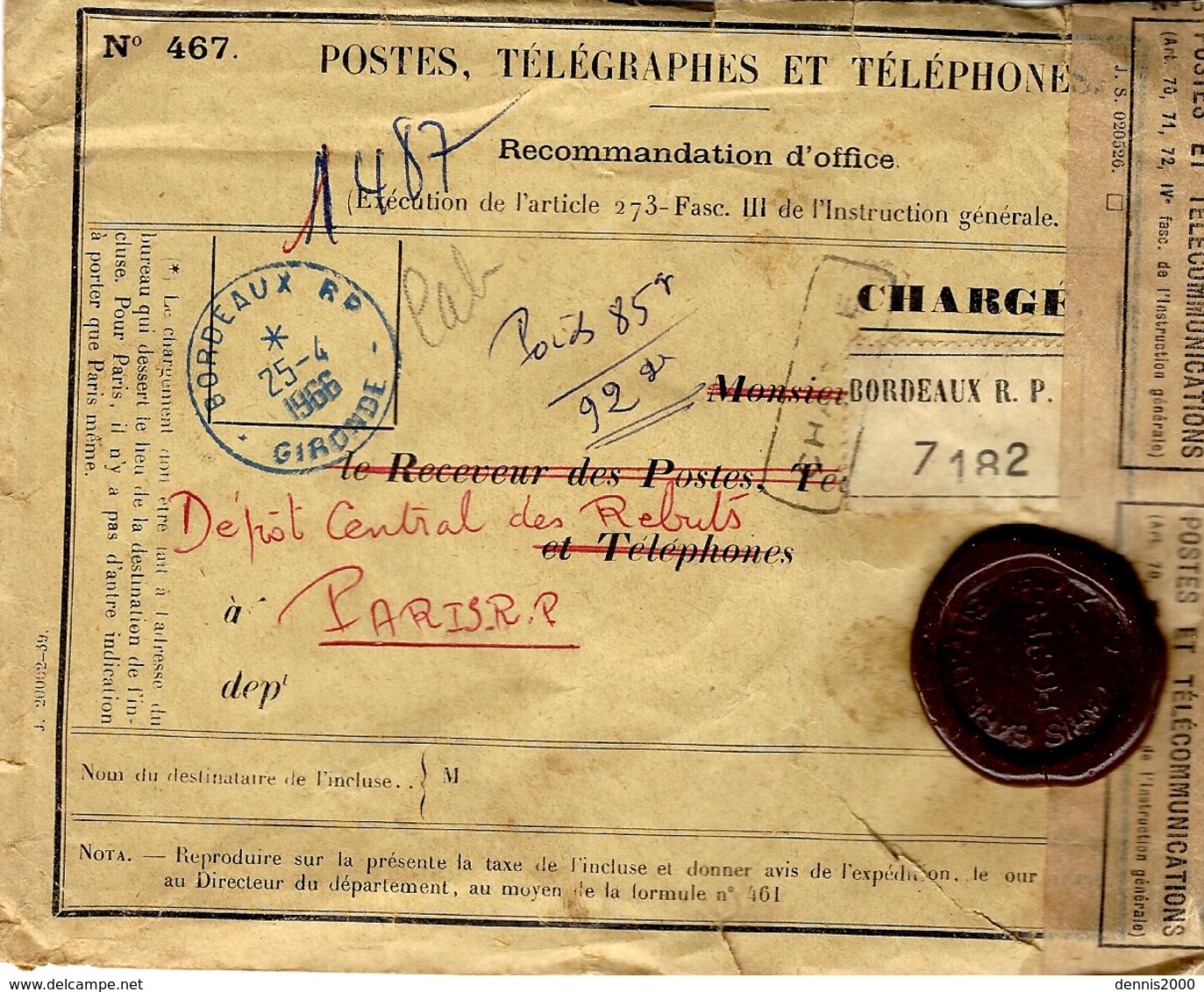 1966- Env. PTT N°467 Recommandation D'Office  De Bordeaux  Pour Paris Avec  4 Sceaux P T T - 1961-....