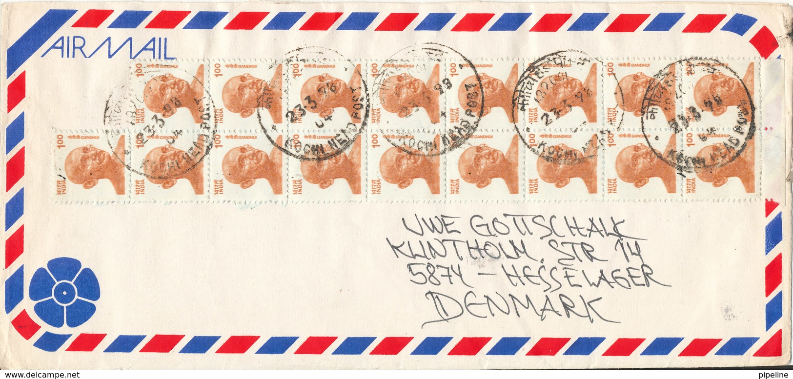 India Air Mail Cover With 17 Mahatma Ghandi Stamps Sent To Denmark 23-8-1998 - Briefe U. Dokumente