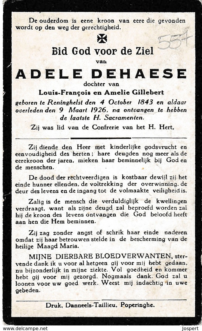 Reningelst, 1926, Adele Dehaese, Gillebert - Devotieprenten