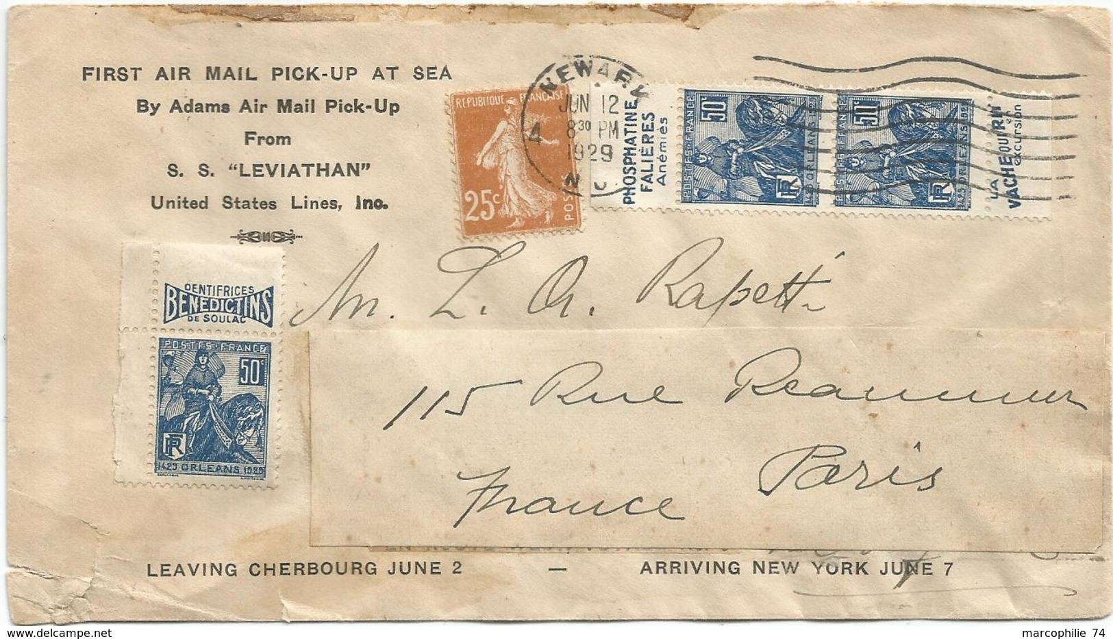 JEANNE D'ARC PUB FALIERES PAIRE+1 +N°235 LETTRE AVION SS LEVIATHAN OBL AMERICAINE NEWARK JUN 12 1929 POUR PARIS RARE - 1960-.... Lettres & Documents