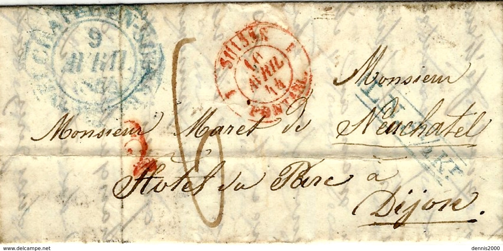 1844- Lettre De Suisse Pour Dijon  Entrée Par Pontarlier + L N 5 1/2 Kr Encadré Bleu - 1843-1852 Kantonalmarken Und Bundesmarken