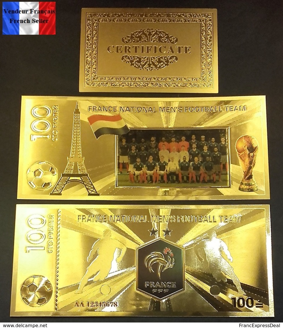1 Billet Plaqué OR Couleur + Certificat ! ( Color GOLD Plated Banknote ) - Football France Coupe Du Monde 2018 - Russia