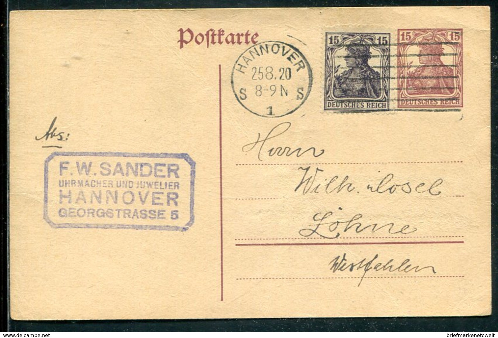 Deutsches Reich / 1920 / Masch.-Stempel Hannover A. Postkarte "Germania" (12775) - Maschinenstempel (EMA)