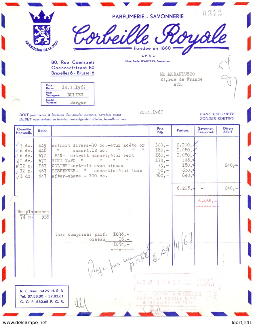 Factuur Facture - Parfumerie Corbeille Royale - Bruxelles 1967 - Droguerie & Parfumerie