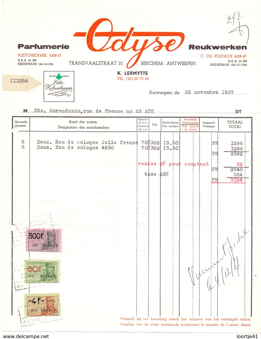 Factuur Facture - Parfumerie Odyse - Antwerpen 1967 - Droguerie & Parfumerie