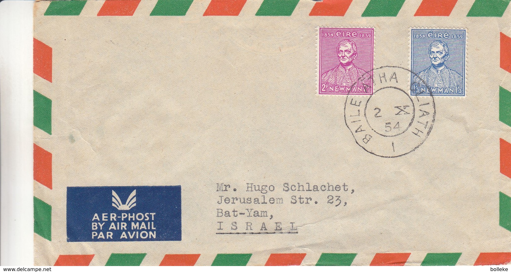 Irlande - Lettre De 1954 - Oblit Baile Atha Ciath - Exp Vers Bat Yam Israël - Université - Storia Postale