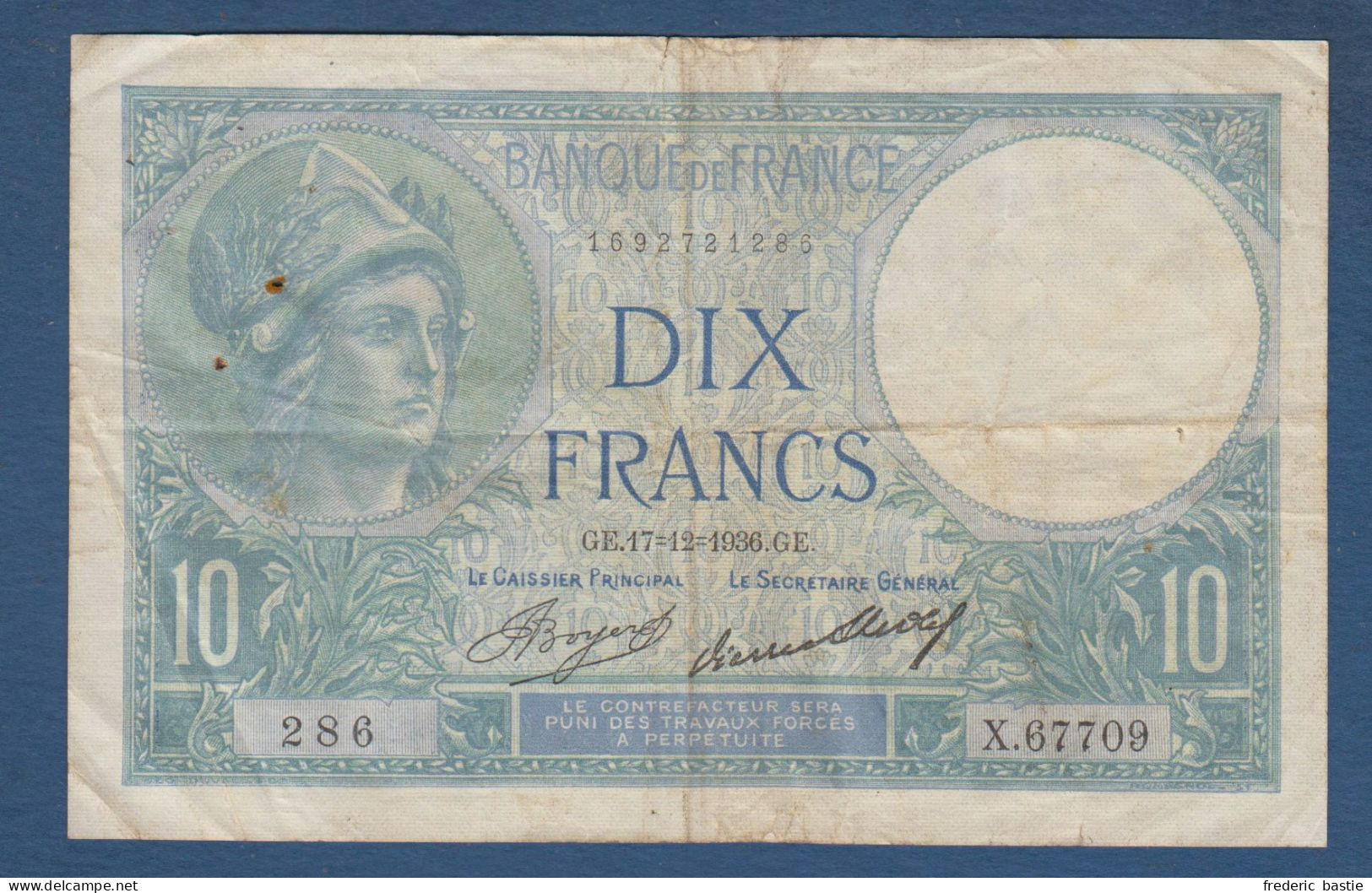 France - 10 F  Minerve Du  17 - 12 - 1936 - 10 F 1916-1942 ''Minerve''