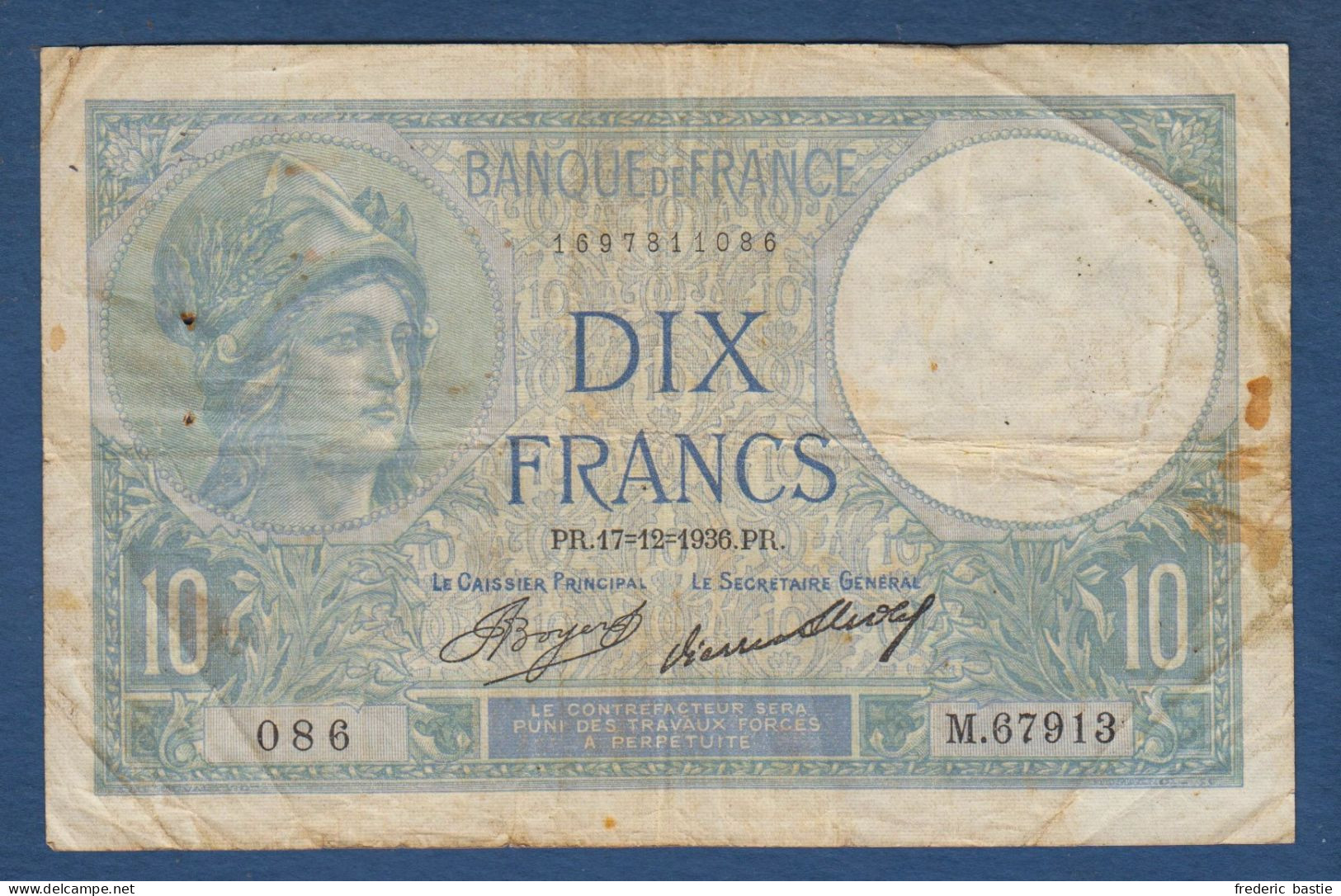 France - 10 F  Minerve Du  17 - 12 - 1936 - 10 F 1916-1942 ''Minerve''