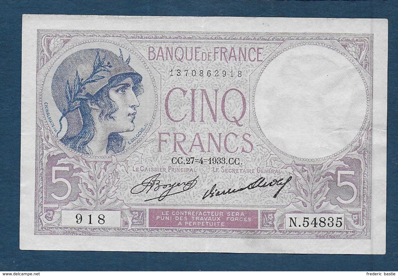 Billet 5 F  Violet  Du 27 - 4 - 1933 - 5 F 1917-1940 ''Violet''