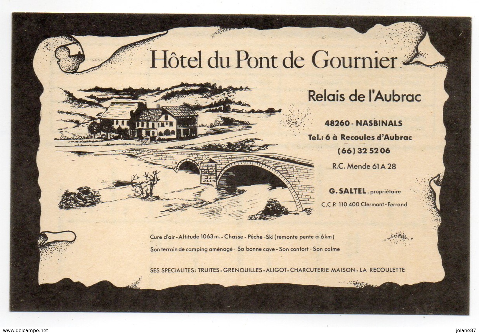 CARTE DE VISITE 48 NASBINALS     HOTEL DU PONT DE GOURNIER - Cartes De Visite