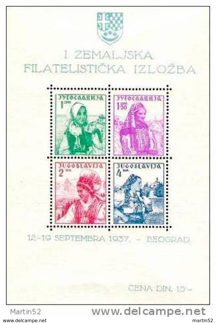 Jugoslavija 1937: Stamp-Expo In Beograd Mi 336-339 Block 1 Premier Bloc BF 1 First S/sheet ** MNH (Michel 7.50 Euro) - Costumes