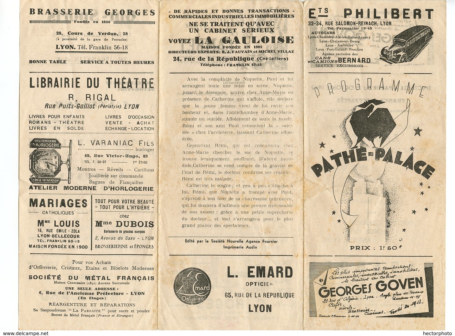 PROGRAMME PATHE PALACE Cinema Publicité ARLETTY BOLERO LYON Brasserie Georges La Gauloise 69 - Programmes