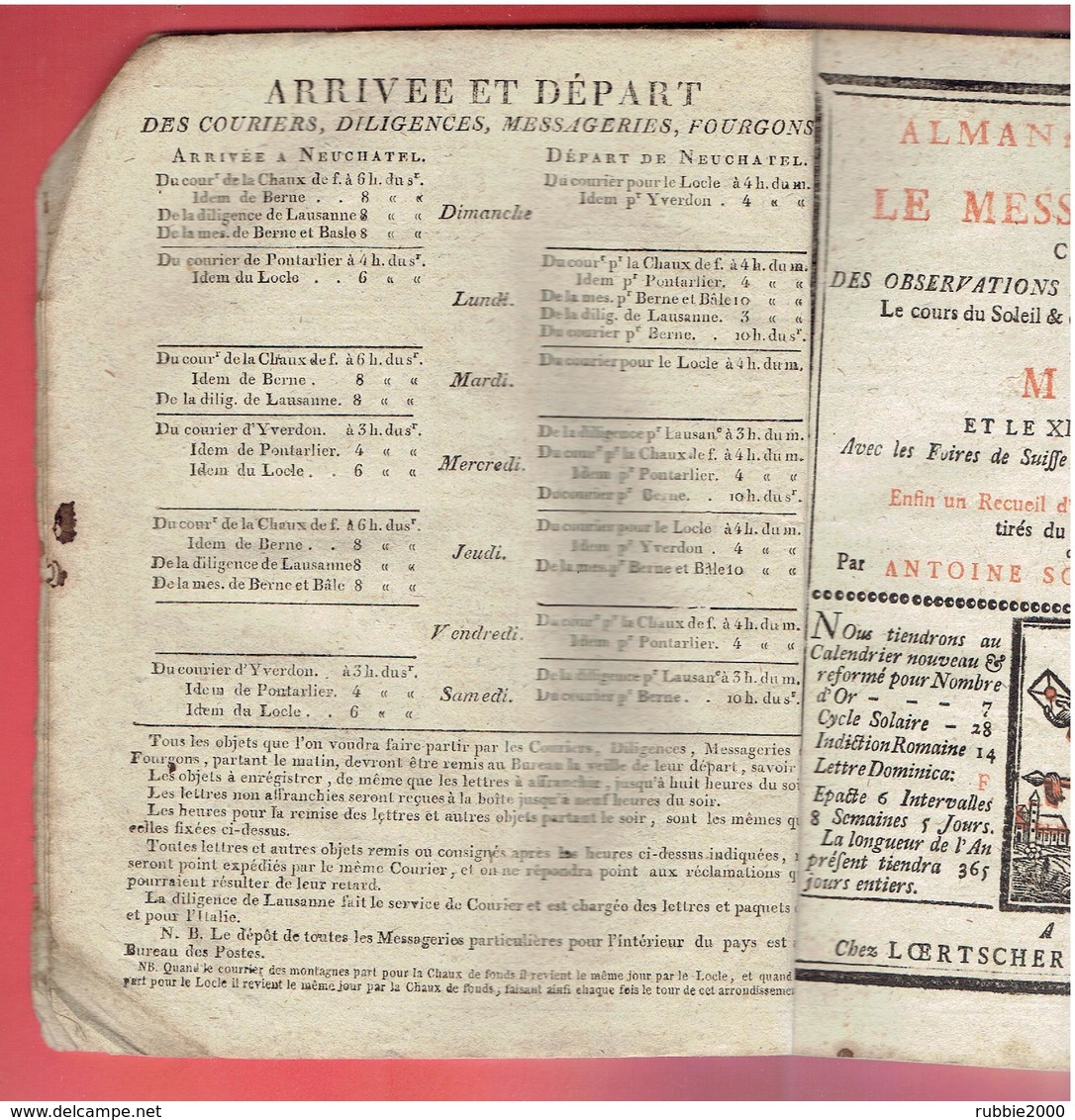 SUISSE LE VERITABLE MESSAGER BOITEUX DE NEUCHATEL 1811 ALMANACH HISTORIQUE ANDREAS HOFER EMPEREUR NAPOLEON A SOISSONS