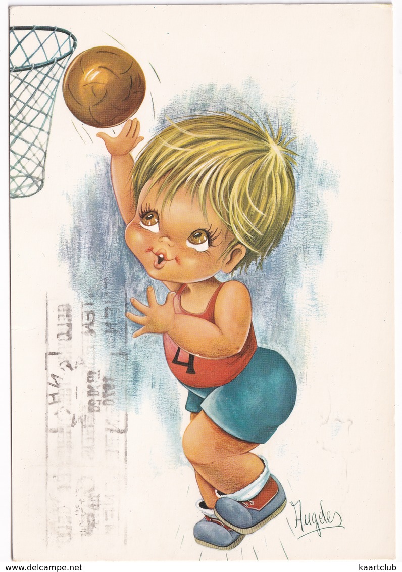 BASKETBALL BOY - (Vintage Big Eyed Boy Postcard By Hugeles) - (1970, Holland) - Basketbal