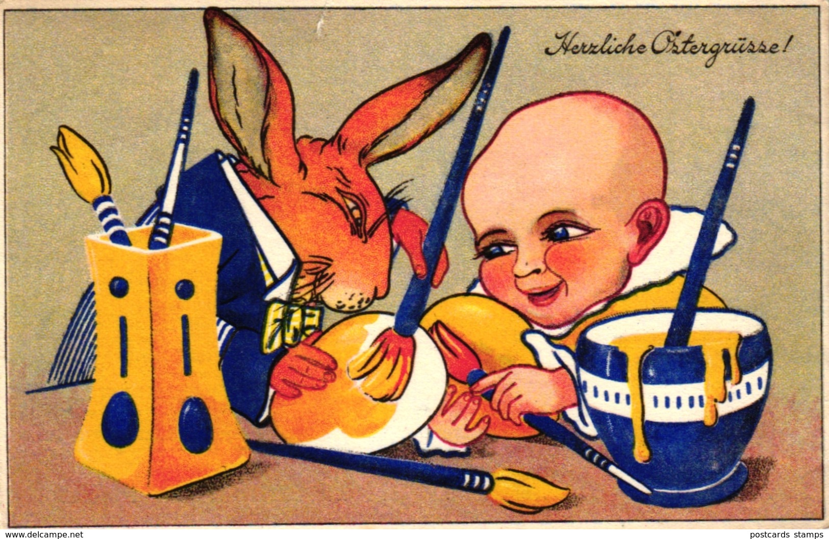 Ostern, Kind Bemalt Zusammen Mit Einem Hasen Eier, Verlag BKW, Ca. 30er Jahre - Ostern