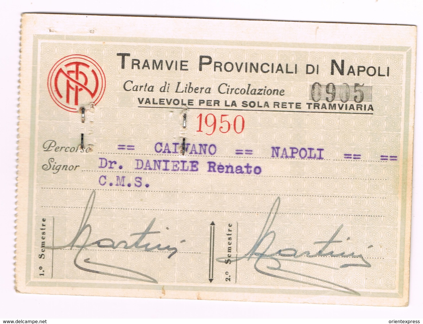 Tramvie Provinciali TPN Napoli Caivano Tessera Libera Circolazione  Per La Sola Rete Tramviaria 1950 - Ferrovie