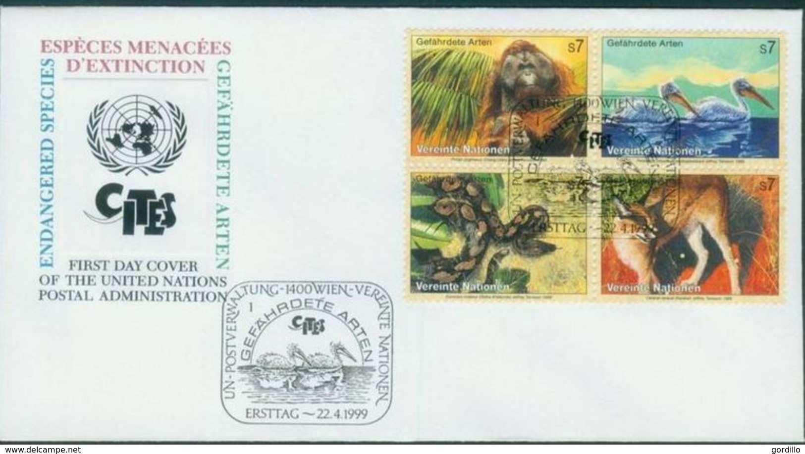 FDC ONU Vienne Wien 1999 Pélican Orang Outan Anaconda Carracal - FDC