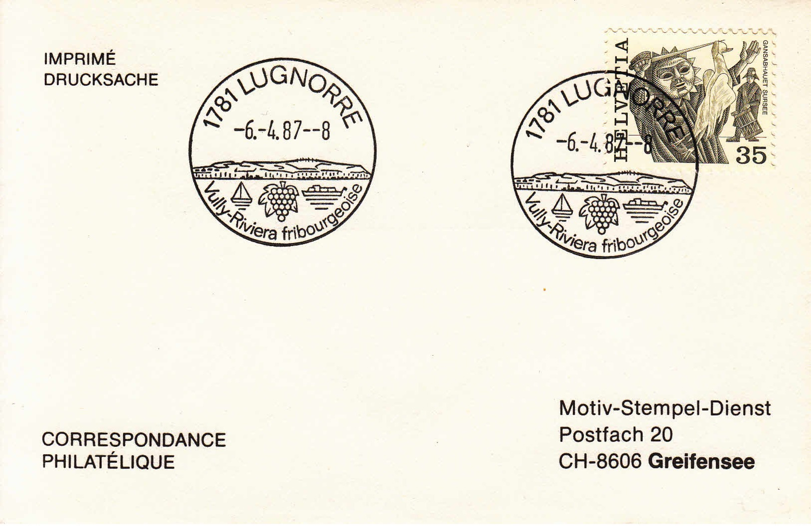 SUISSE : 1987 - Lugnorre - Vully-Riviera Fribourgeoise - Lettres & Documents