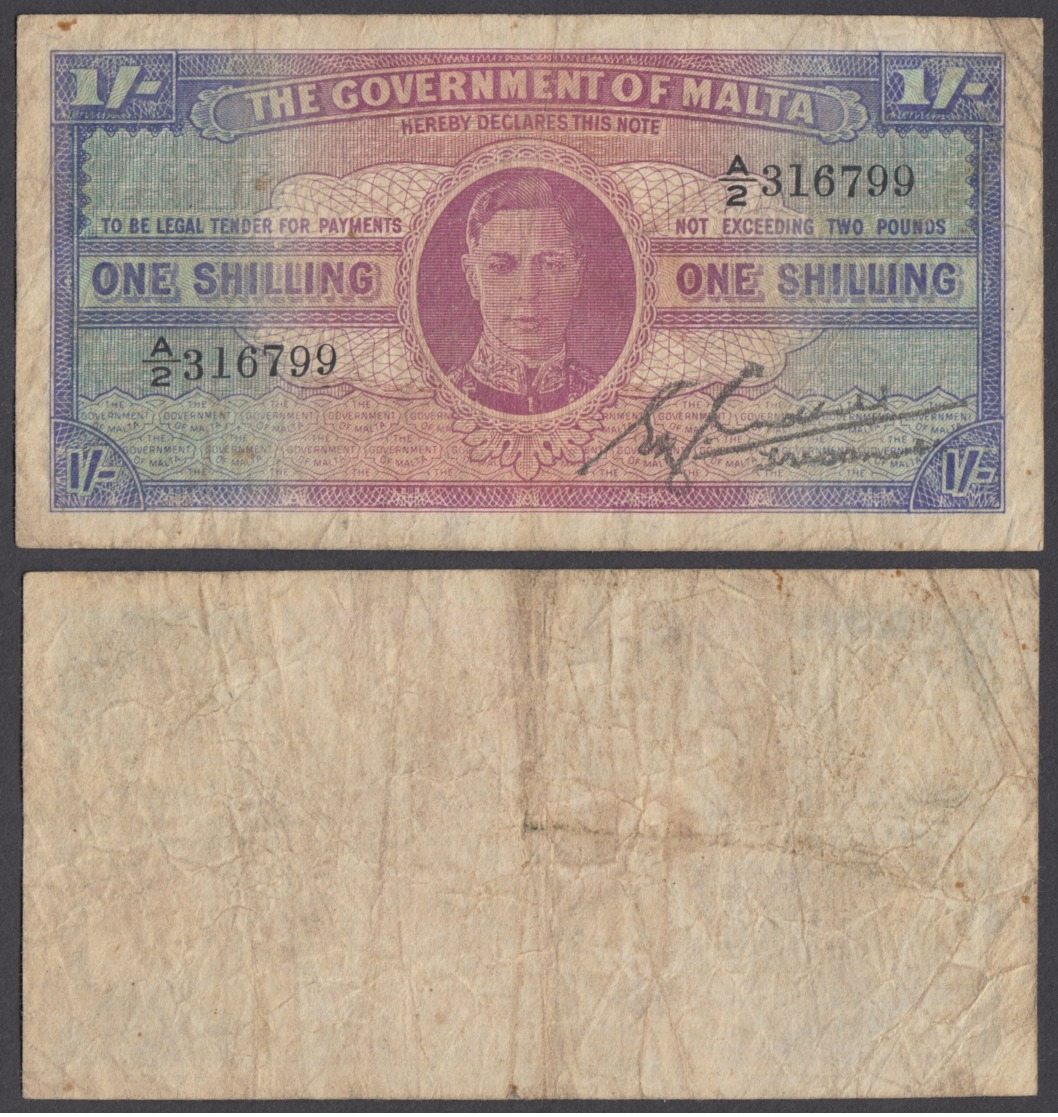 Malta 1 Shilling 1943 (F) Condition Banknote KGVI KM #16 - Malta