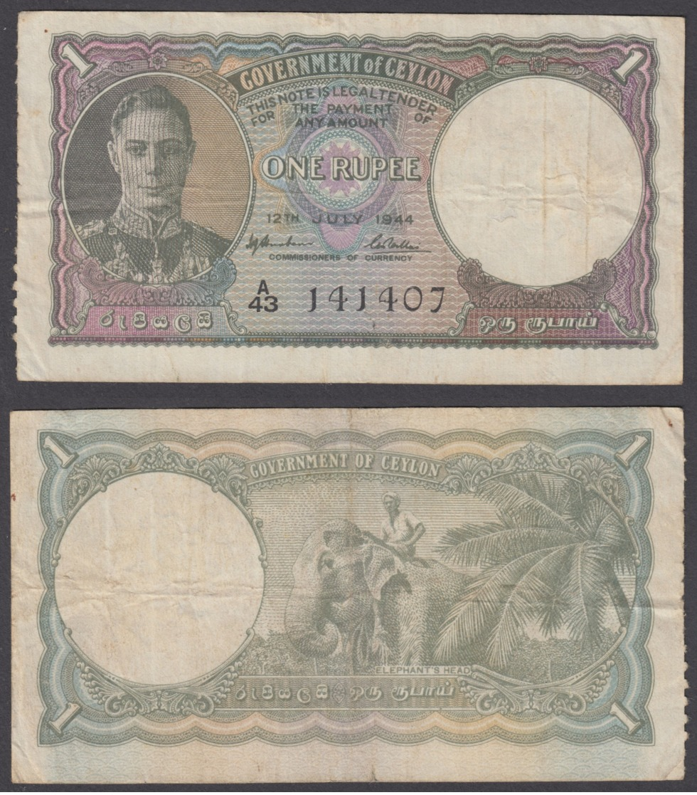 Ceylon 1 Rupee 1944 (VF) Condition Banknote P-34 KGVI - Other - Asia