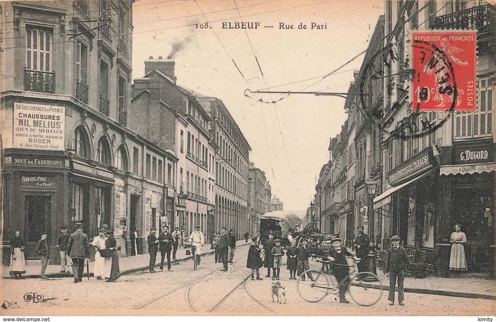 76 Elbeuf Rue De Paris Cpa Carte Animée Magasin Chausseur Chaussures Nil Melius Boutique Vins Spiritueux G. Dugord - Elbeuf