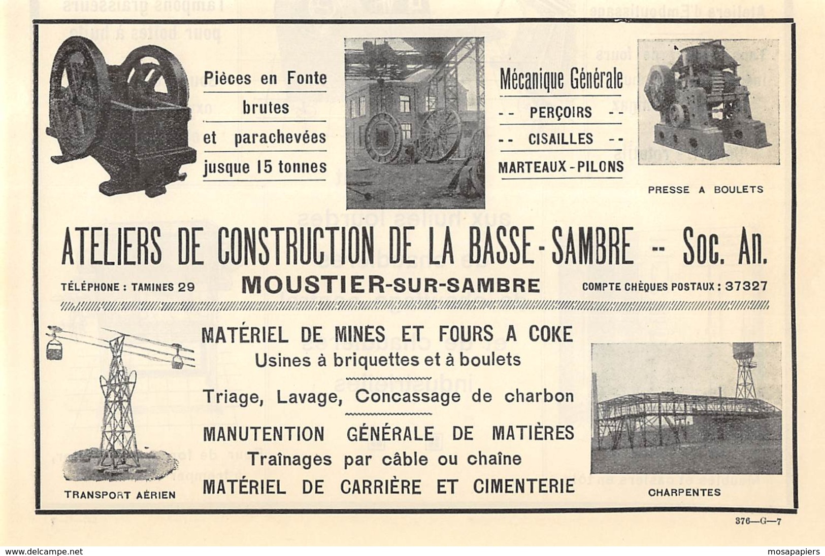 1927 - MOUSTIER-sur-SAMBRE - S.A. Des Ateliers De Construction De La Basse-Sambre - Dim. 1/2 A4 - Advertising