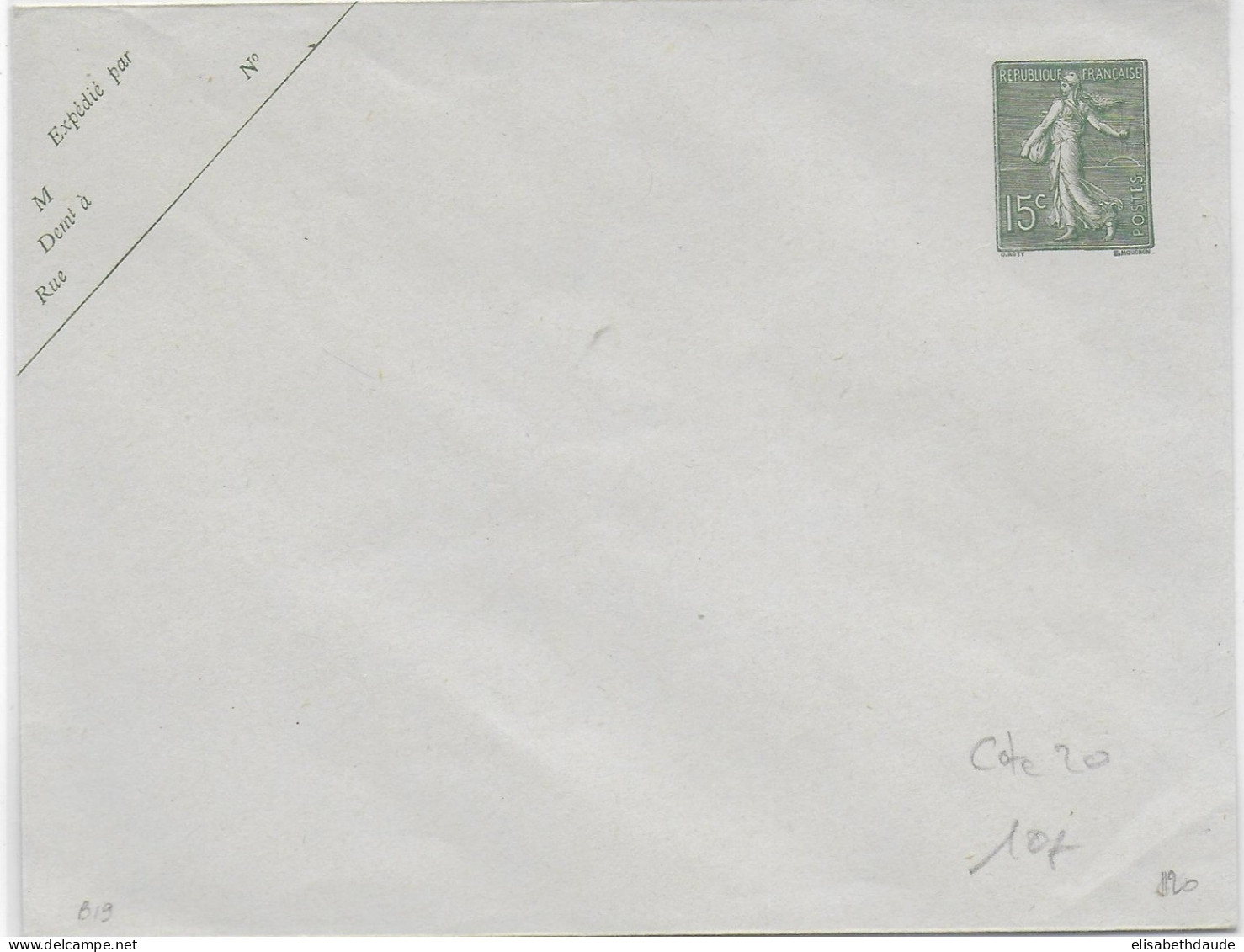 1919 - SEMEUSE LIGNEE - ENVELOPPE ENTIER POSTAL - DATE 943 - STORCH B19  - COTE = 20 EUR - Standard- Und TSC-Briefe (vor 1995)