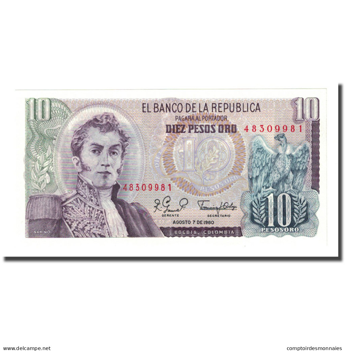 Billet, Colombie, 10 Pesos Oro, 1980-08-07, KM:407g, NEUF - Kolumbien