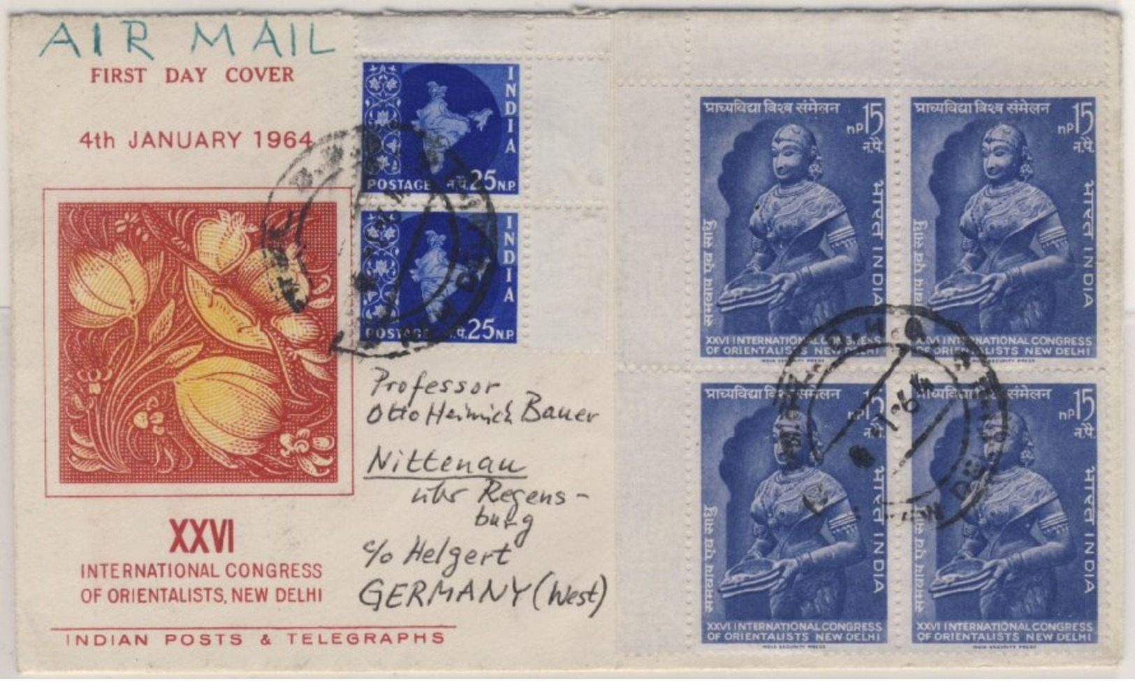 Indien - 4x15 N.P. Orientalisten-Kongreß Bogenecke U.a., Luftpost Schmuck-FDC - Ohne Zuordnung