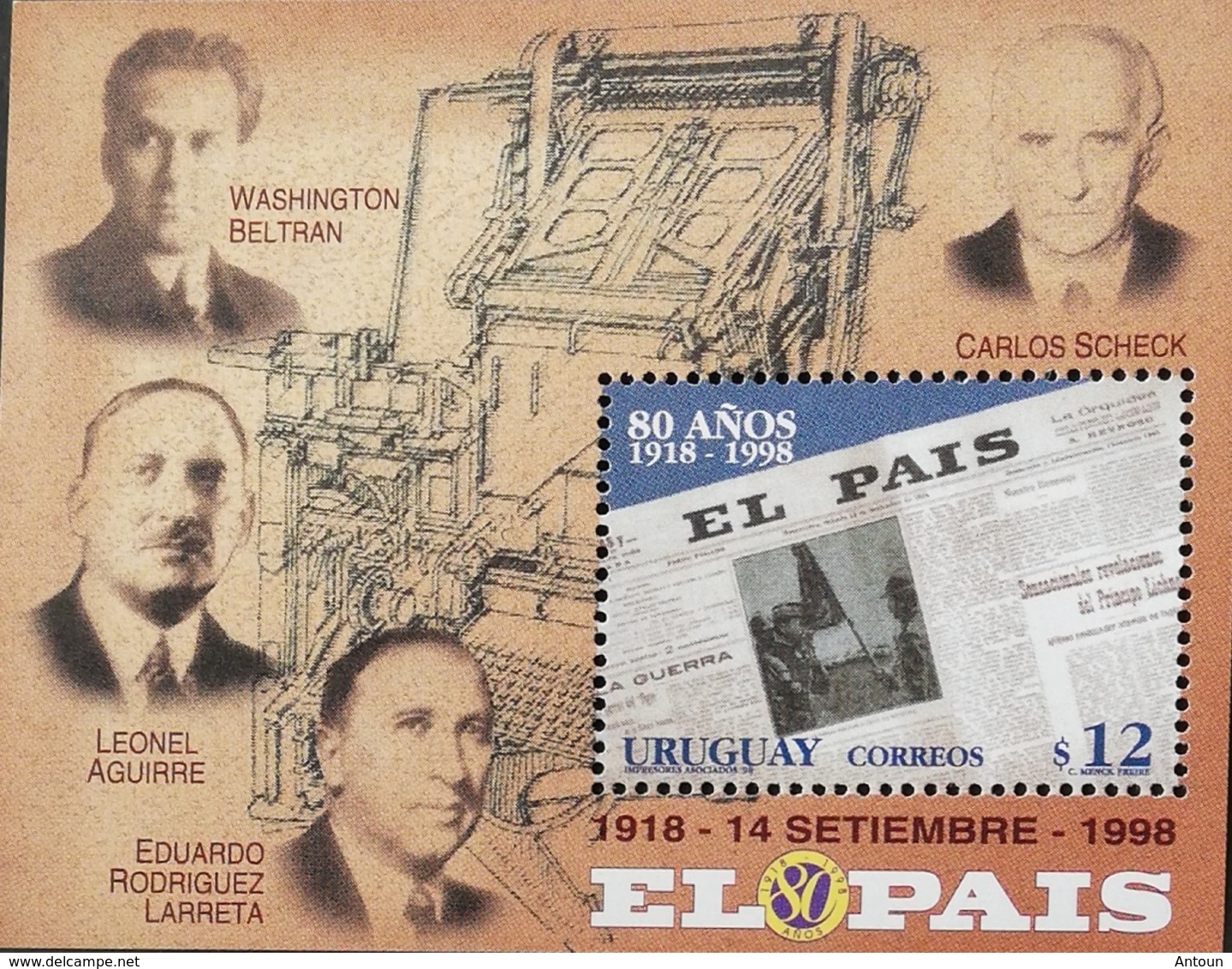 Uruguay  1998 ElPais Newspaper, 80th. Anniv. - Uruguay