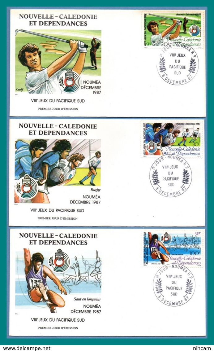 Nouvelle Calédonie FDC N° 546 à 548 WIIIé Jeux Du Pacifique Sud (sous Faciale Under) New Calédonia Golf Rugby Saut 1987 - FDC