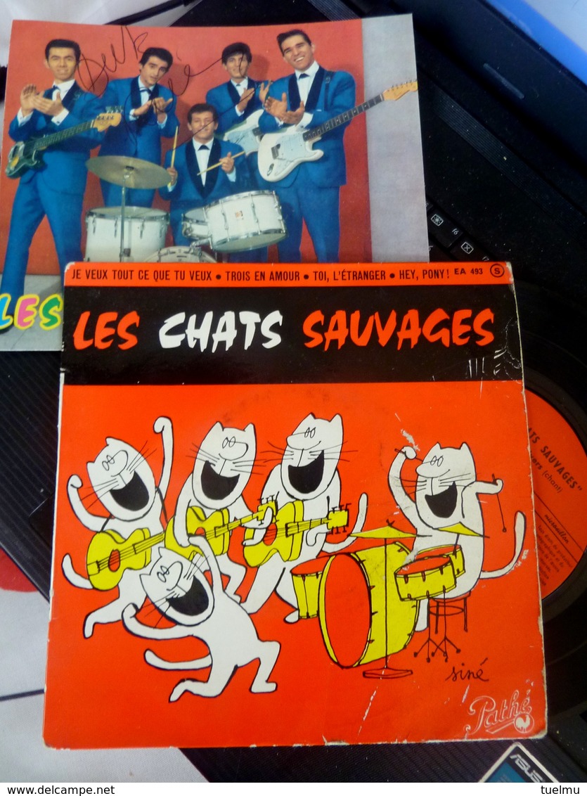 DEDICACE AUTOGRAPHE LES CHATS SAUVAGES DICK RIVERS VINYLE VINYL D' EPOQUE  CARTE 1961 POCHETTE SINE